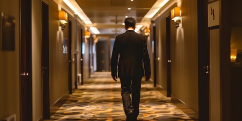 a man in a suit walking down a hallway in a hotel