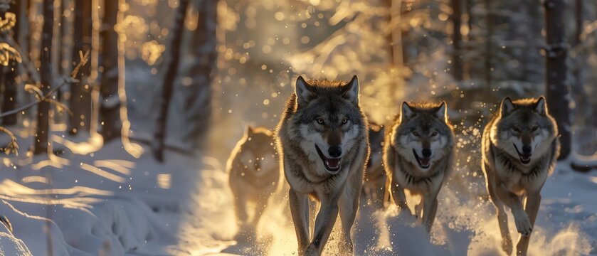 A pack of wolves running through the snow in the forest