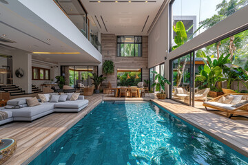 Modern luxury villa with pool in Bali, interior design of the living room and kitchen across two floors, garden with palm trees. Created with Ai
