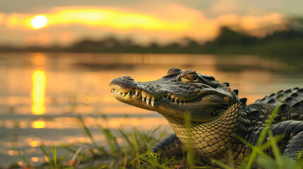 Fototapeta premium A close-up of an alligator with its detailed scales and teeth, basking in the warm sunset light by the water