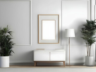 Frame mockup, ISO A paper size. Living room wall poster mockup. Interior mockup with house background. Modern interior design. 3D render