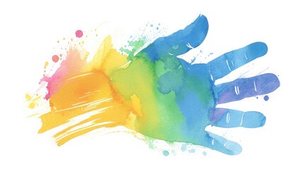 Capture the vibrancy of colorful handprints on a white background, painted in watercolor for an artistic illustration with ample copy space.