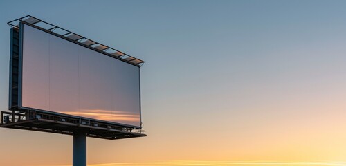 A minimalist billboard against a clear sky at sunrise, its reflective surface catching the first light, creating a blank slate with a promise of possibilities. 32k, full ultra HD, high resolution