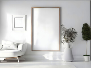 Frame mockup, ISO A paper size. Living room wall poster mockup. Interior mockup with house background. Modern interior design. 3D render