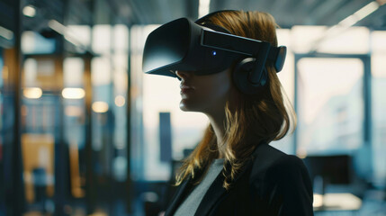 The woman wearing a VR headset is immersed in a virtual world.