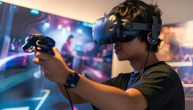 Young man using virtual reality headset and hand controllers.