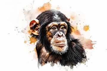 watercolor illustration of chimpanzee white background 