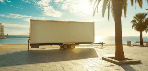A mobile advertising trailer parked on a sunny beachside promenade, its large blank sides a stark canvas against the vibrant setting. 32k, full ultra HD, high resolution