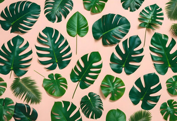 A seamless pattern of tropical palm leaves on a soft background