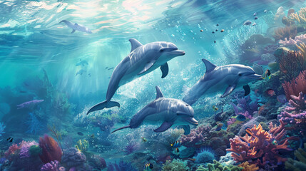 Fototapeta premium A serene underwater scene featuring a group of dolphins navigating through a colorful coral reef bathed in sunlight