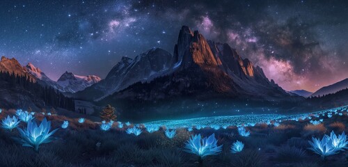 A mountain scene with bioluminescent plants softly lighting the foreground, with a backdrop of a starry sky. 32k, full ultra HD, high resolution