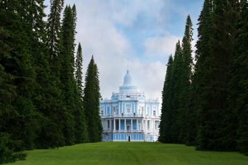 The Sliding Hill Pavilion from the Maslenichny Meadow in the upper park of the Oranienbaum Palace and Park Ensemble on a sunny summer day, Lomonosov, Saint Petersburg, Russia