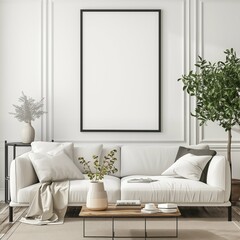 Frame mockup, Living room wall poster mockup. Harmony of black and white. Interior mockup with house background. Modern interior design. 3D render