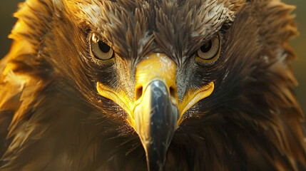 The image presents the face of an eagle in exquisite detail, with golden-hued lighting adding drama