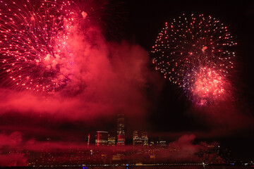 New York Manhattan fireworks. New York Fireworks over Manhattan. New York City 4th of July Fireworks. New York City Skyline Manhattan with Flashing Fireworks. Independence day.