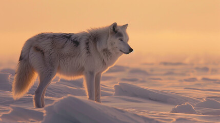 Fototapeta premium This image captures the essence of isolation as a lone wolf stands amidst a vast, open snowy landscape during sunset