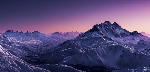 A mountainous landscape at dusk, the last traces of sunset casting a purple hue over the snow-covered peaks, transitioning into the night. 32k, full ultra HD, high resolution