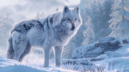 Obraz premium An alert arctic wolf stands in a snow-covered forest, its gaze piercing the serene winter surroundings
