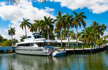 Seaside summer destination with boat and palm in harbor. Seaside harbor perfect destination for summer. Destination point. Harbor with yacht at seaside summer destination. Luxury life