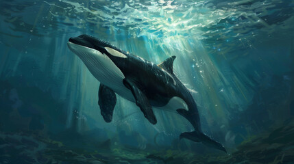 Fototapeta premium Artistic illustration of a killer whale leaping amidst sunlit ocean waters, showcasing nature’s beauty