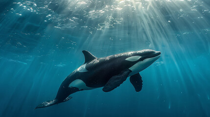 Naklejka premium Breathtaking orca gliding gracefully through clear blue ocean waters with sunlight filtering from above