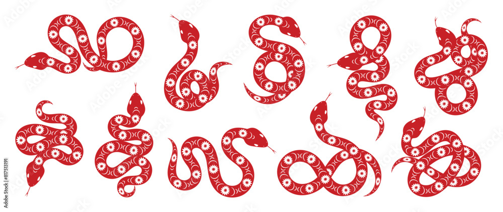 Canvas Prints Chinese New Year snake design vector set. Element zodiac sign year of the snake with cherry blossom flower pattern on snake red color. Illustration design of background, card, sticker, calendar.