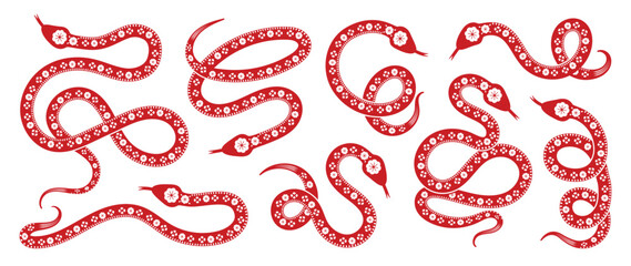 Chinese New Year snake design vector set. Element zodiac sign year of the snake with cherry blossom flower pattern on snake red color. Illustration design of background, card, sticker, calendar.