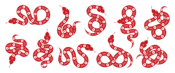 Chinese New Year snake design vector set. Element zodiac sign year of the snake with cherry blossom flower pattern on snake red color. Illustration design of background, card, sticker, calendar.