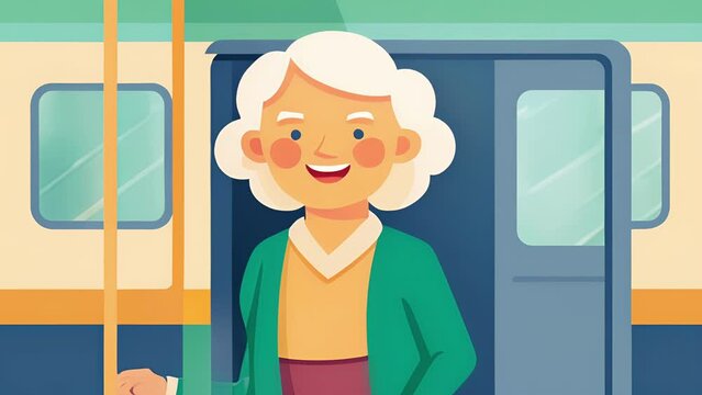 An elderly woman smiling as she gets on a subway car grateful for the convenience and affordability of public transportation.