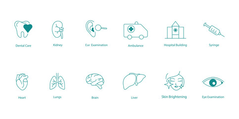 Fototapeta premium Dental Care, Organ Health, and Emergency Medical Services Icon Set