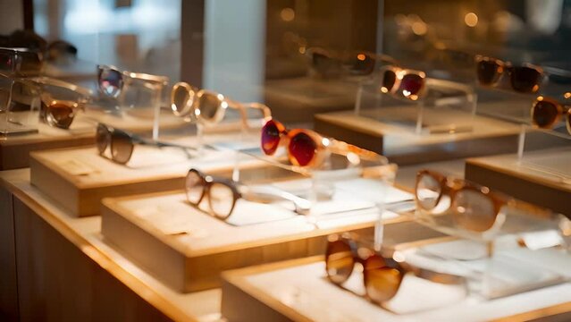 A display table holds a selection of designer eyewear ranging from classic hornrimmed frames to modern geometric styles.