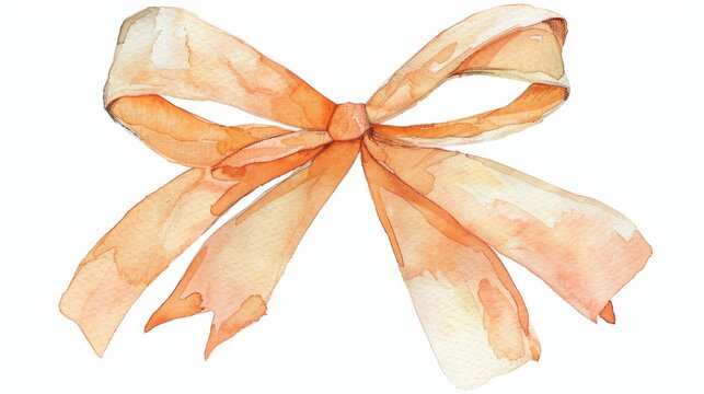 A watercolor illustration of an orange bow on a plain white background, peach beige pastel color