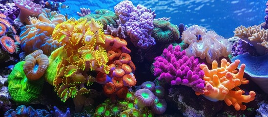 Colorful coral reefs on the seabed with various types.