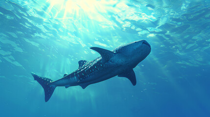 Fototapeta premium Solitary whale shark swimming in blue water with sunbeams illuminating the scene