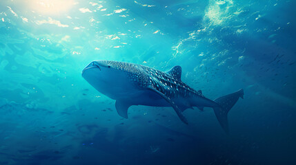 Fototapeta premium A whale shark with a speckled pattern swimming in a blue ocean with light rays