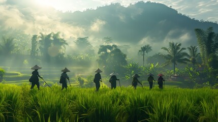 Farmers working in a vibrant rice field with traditional hats and tools, surrounded by nature Generative AI