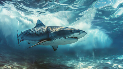 Fototapeta premium Close-up of tiger shark under clear blue rippled water surface with sunlight