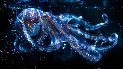 An artistically enhanced octopus with a starry, cosmic skin texture set in an underwater scene