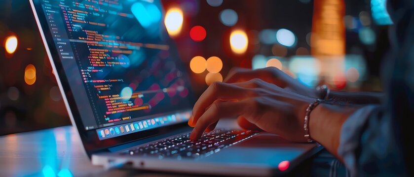 A person typing on a laptop, coding for a startup project, close up, innovation theme, vibrant, Multilayer, a modern office as backdrop