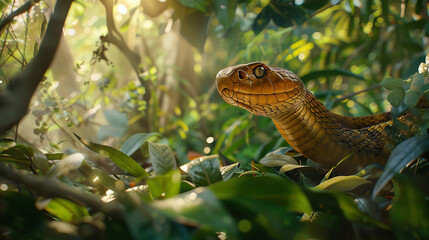 Obraz premium The king cobra appears regal and poised in a forest environment with dappled sunlight highlighting its form