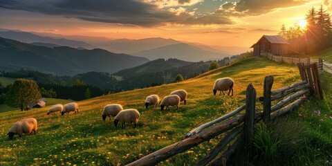 Eco friendly natural organic farm with a flock of sheep grazing on the grassy hill in the mountains, near a rustic wooden fence at sunset. A shepherd's dream and rural life concept. - Powered by Adobe