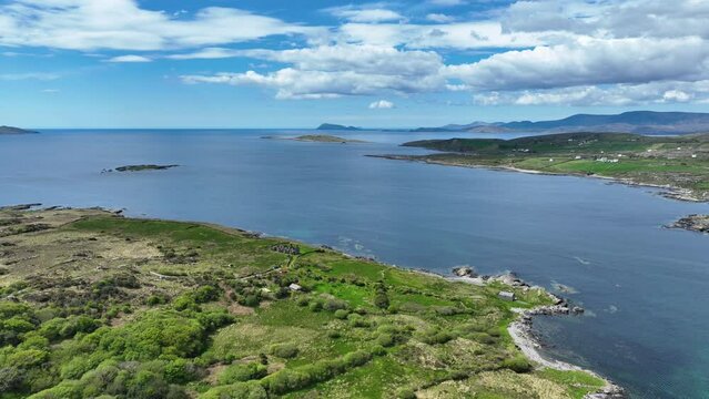 Drone flying over old ruins of a coastguard station in Eyeries West Cork Ireland
