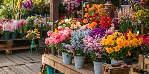 Fototapeta premium Background of different flowers on wooden table in the flower shop. Beautiful flowers for catalog or online store. Floral shop and delivery concept.