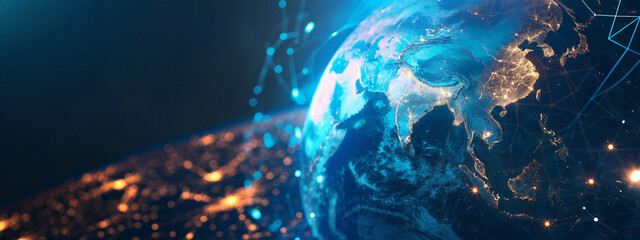 Fototapeta premium Concept of global network and connectivity on Earth, Data transfer and cyber technology, information exchange and international telecommunication. 