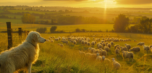 Naklejka premium A white dog watches a golden sunrise over a tranquil scene of sheep grazing on rolling hills in the countryside