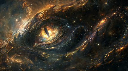 An imaginative representation of a dragon's eye with a nebula-like backdrop, conveying a cosmic theme