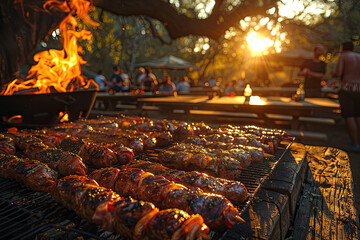 A photo of an outdoor barbecue with smoky meat and chicken kebabs being grilled on wooden skewers...