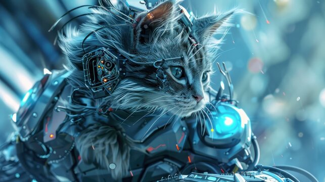 Fantasy warrior cat in cyberpunk style cyborg armor.