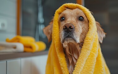 A dog wrapped in a towel after a bath, close up, pampering theme, realistic, Overlay, a stylish grooming table as backdrop
