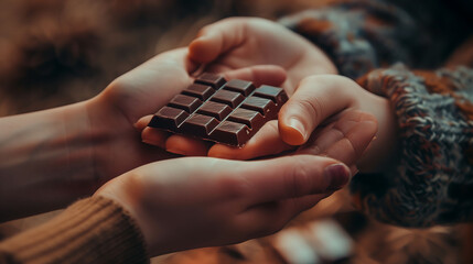 A cozy scene of two hands clasped, exchanging a delectable chocolate treat, capturing the essence of love and sweetness on Chocolate Day